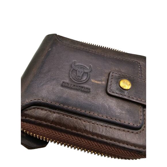 Bull Captain - Mens Zip Open Genuine Leather Wallet Brown - Picture 2 of 6